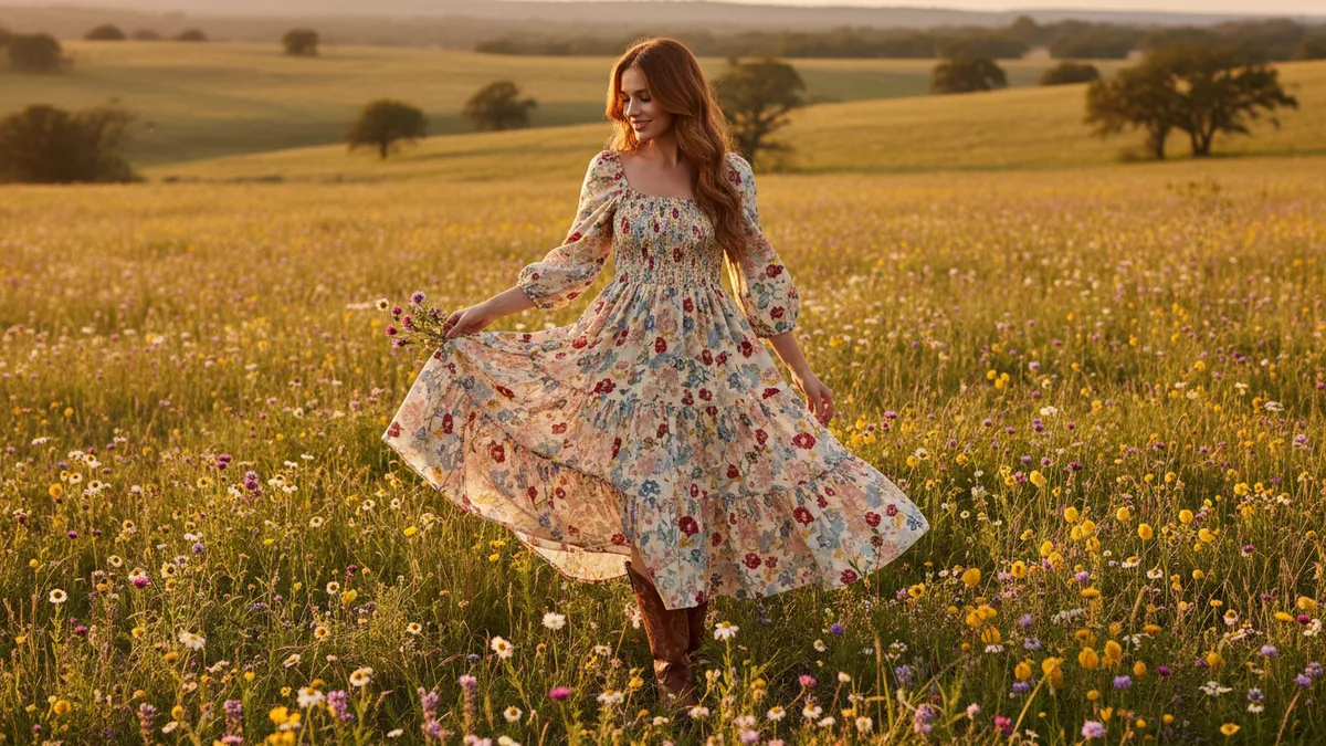 Smocked western dress outfit with cowboy boots in a spring wildflower meadow