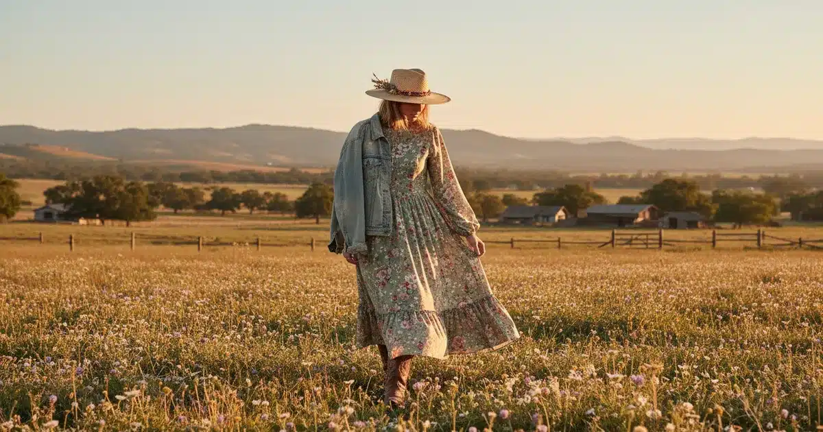 Spring western outfits for women featuring a floral prairie dress with cowboy boots in a wildflower meadow
