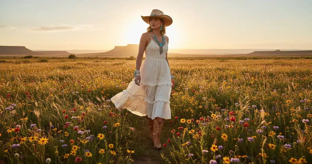 Woman wearing summer western outfit with prairie sundress and cowboy boots in a wildflower meadow