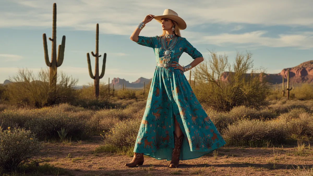 Turquoise western dress outfit styled with cowboy boots and silver turquoise jewelry in a Southwest desert setting
