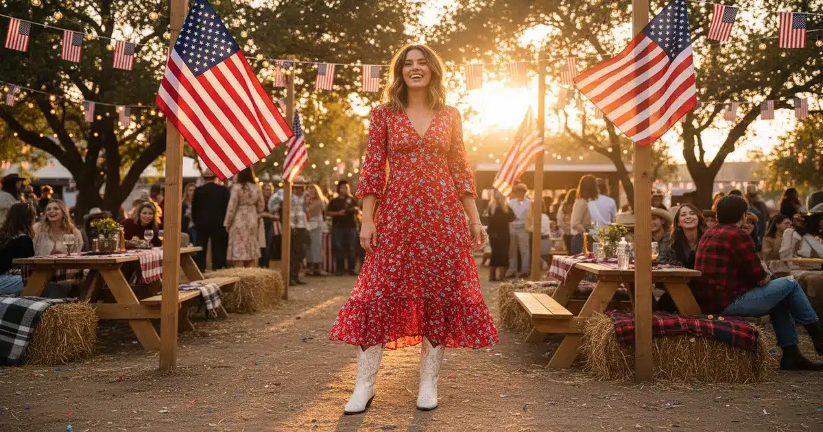 Woman wearing red floral midi dress with white cowboy boots at a festive 4th of July celebration with western Americana styling