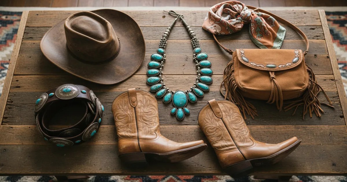 Western accessories for women flat lay with turquoise jewelry, cowboy hat, concho belt, fringe bag, and boots on rustic wood