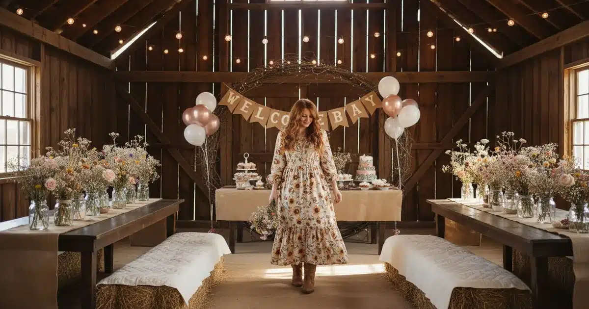 Woman wearing a floral prairie maxi dress and tan cowboy boots at a western themed baby shower celebration