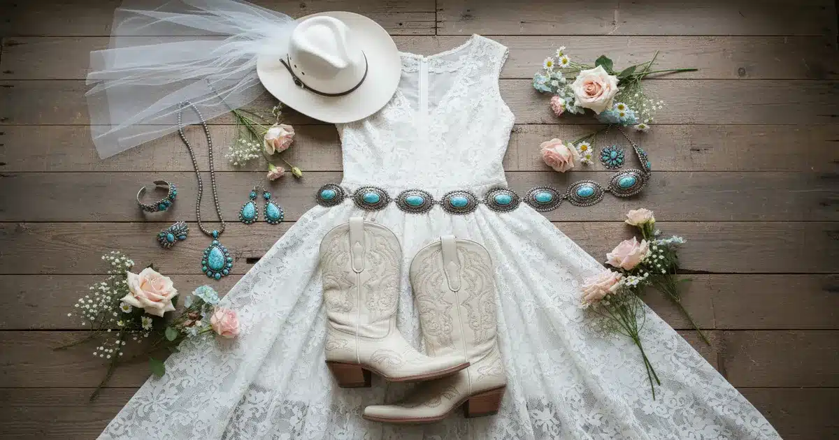 Western bridal shower outfit ideas featuring white prairie dress, cowgirl boots, cowgirl hat with veil, turquoise jewelry, and concho belt arranged on rustic wood