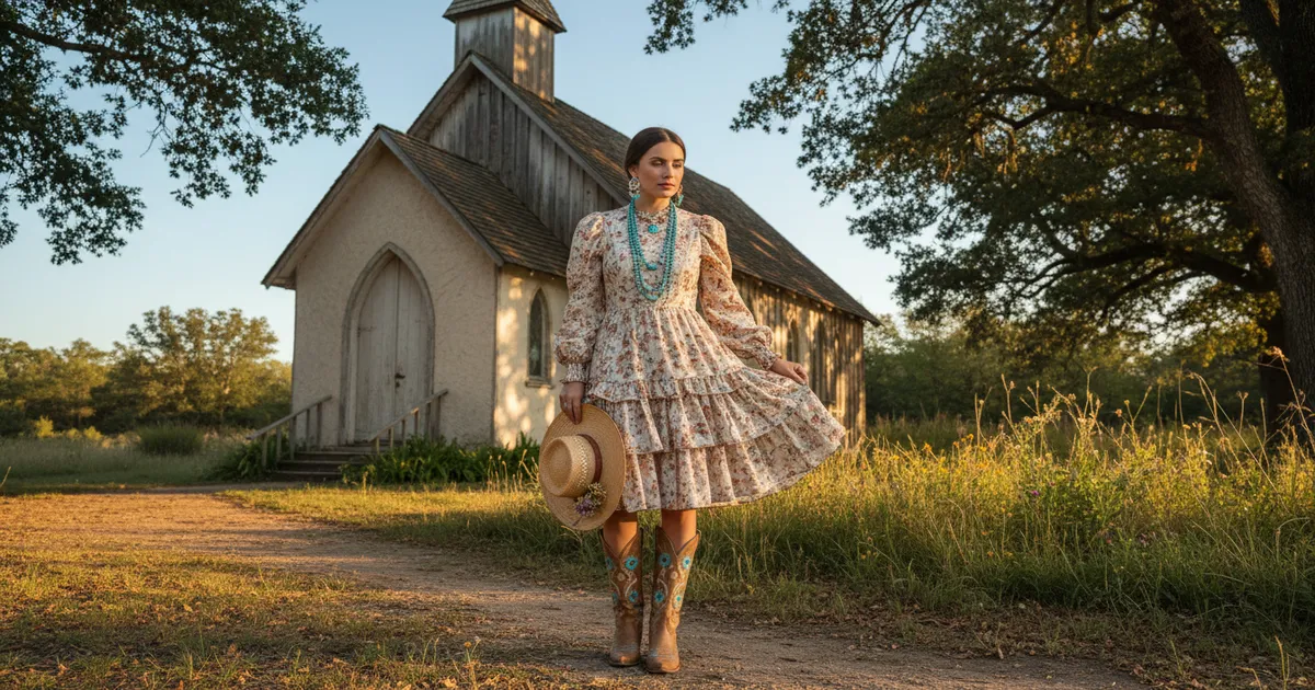 Woman wearing a western prairie dress with embroidered cowboy boots outside a country church on Sunday morning