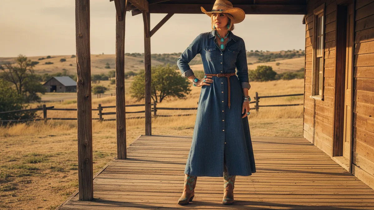 Western denim dress outfit styled with cowboy boots and turquoise jewelry at golden hour