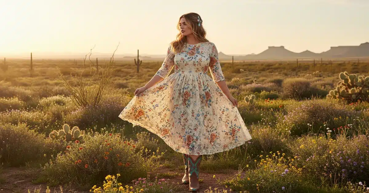 Western dresses for apple body shape featuring empire waist dress with cowboy boots
