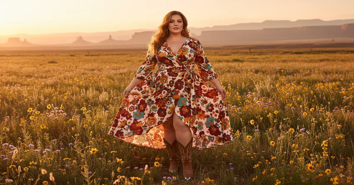Curvy woman in a flattering floral western wrap dress with cowboy boots in a prairie field