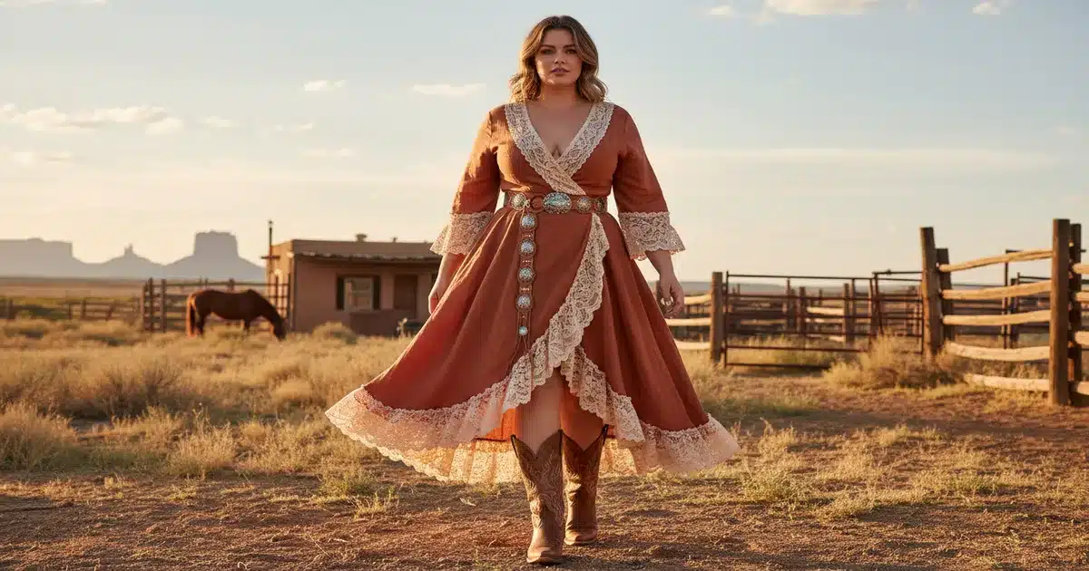 Western wrap dress styled on an hourglass figure with tooled leather belt and cowboy boots in a southwestern ranch setting
