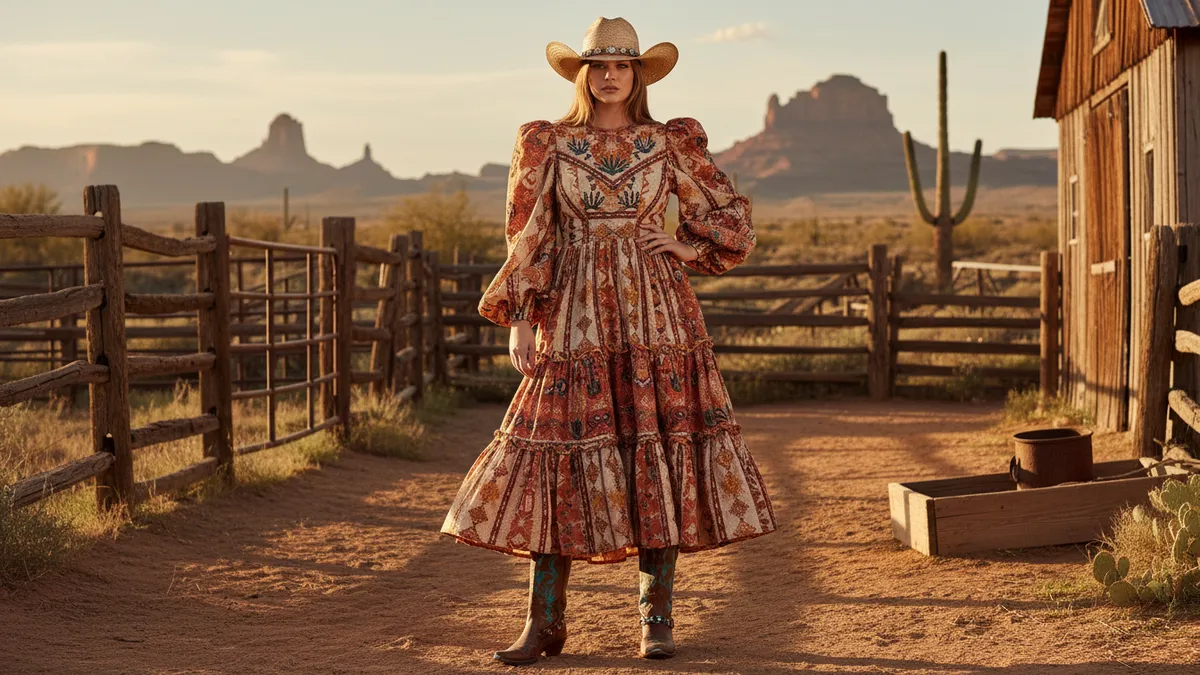 Western dresses for inverted triangle body shape showing a tiered prairie dress with cowboy boots