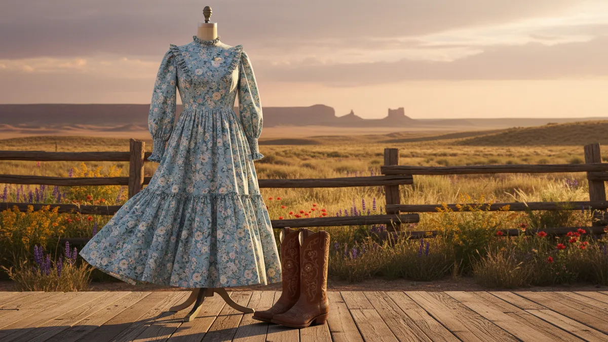 Western A-line prairie dress on dress form with cowboy boots in warm southwestern ranch setting, flattering styles for pear body shape