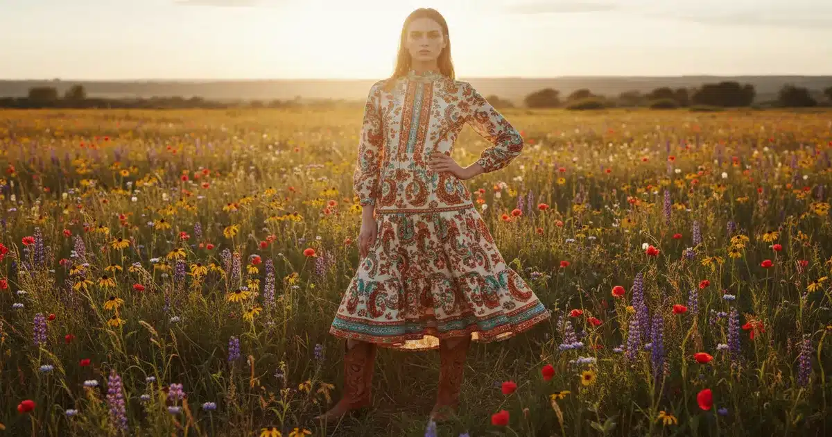 Petite woman wearing a flattering western dress with cowboy boots in a sunlit field