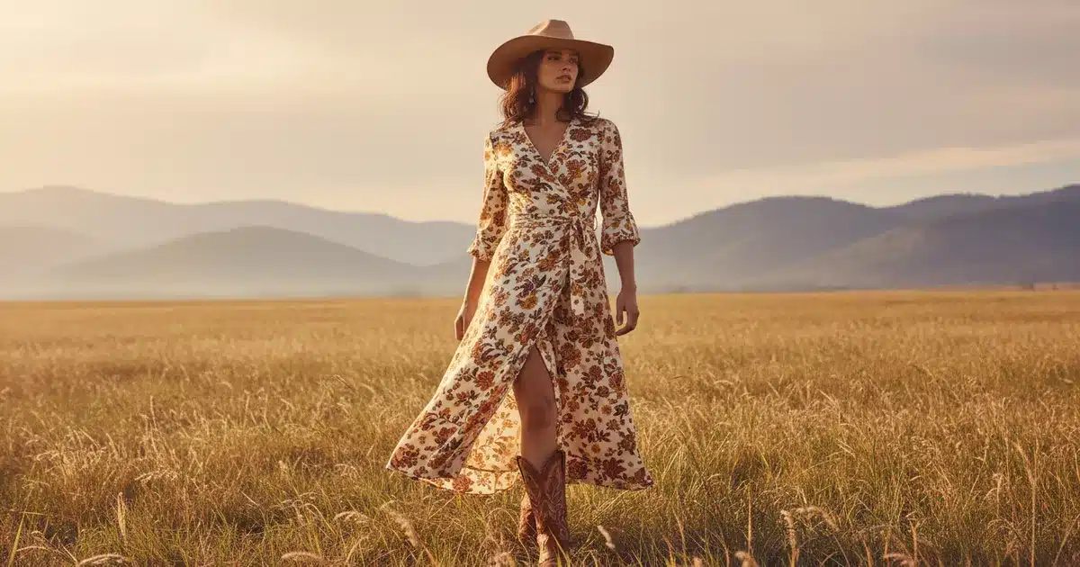 Woman in belted western wrap dress with cowboy boots showcasing rectangle body shape styling