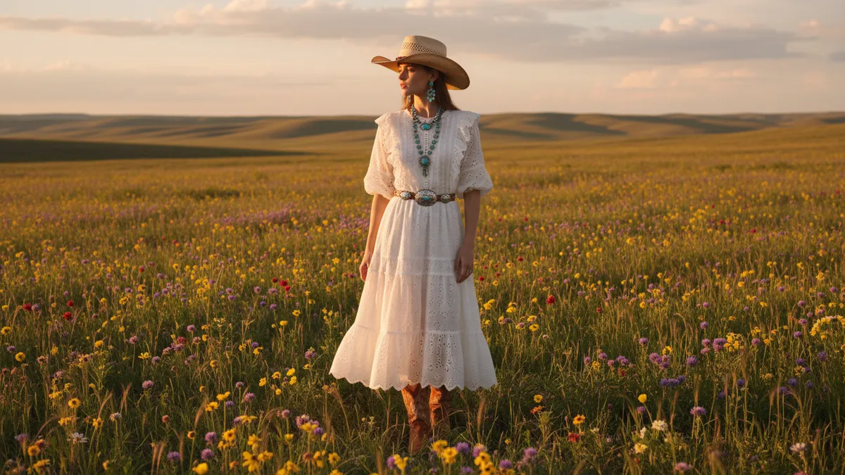Western eyelet dress outfit with brown cowboy boots and turquoise jewelry in a spring prairie setting