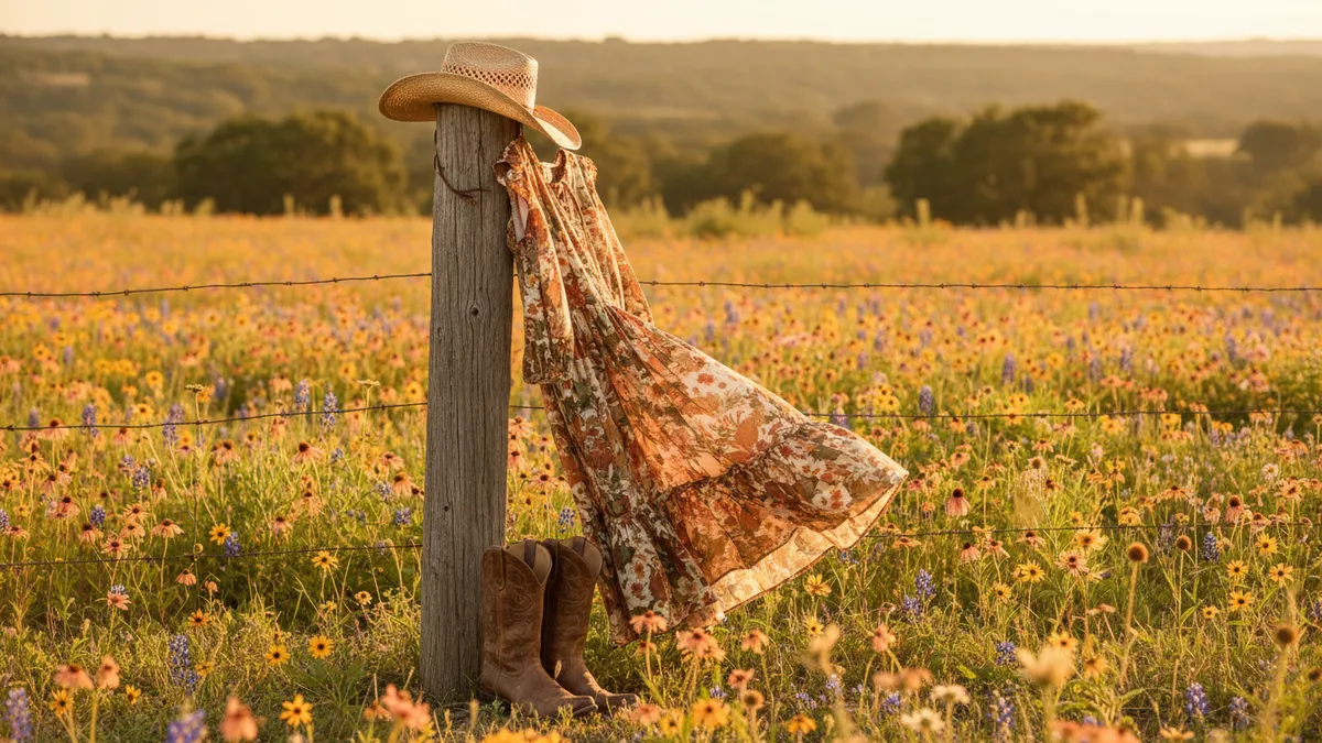 Western floral dress outfits styled with cowboy boots, straw hat, and turquoise jewelry in a prairie meadow setting