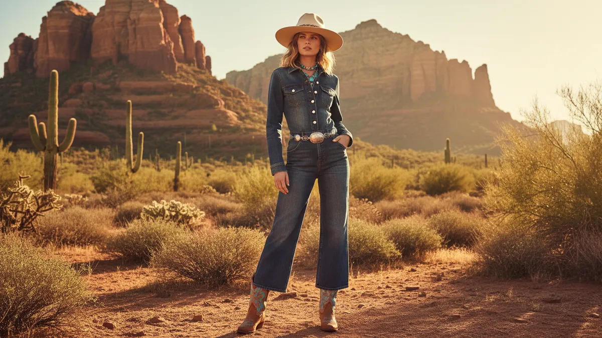 Woman wearing a western denim jumpsuit with cowboy boots and wide-brim hat in a sunlit southwestern setting
