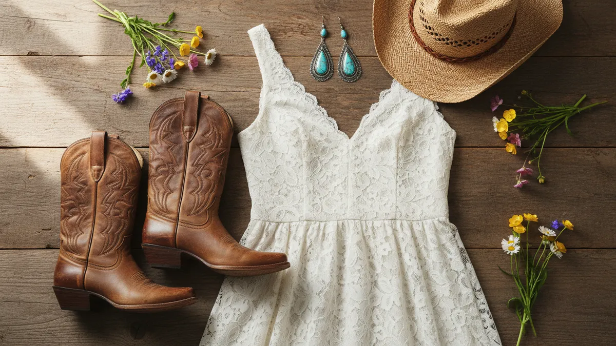 Western lace dress outfit styled with cowboy boots, turquoise jewelry, and straw hat for spring 2026