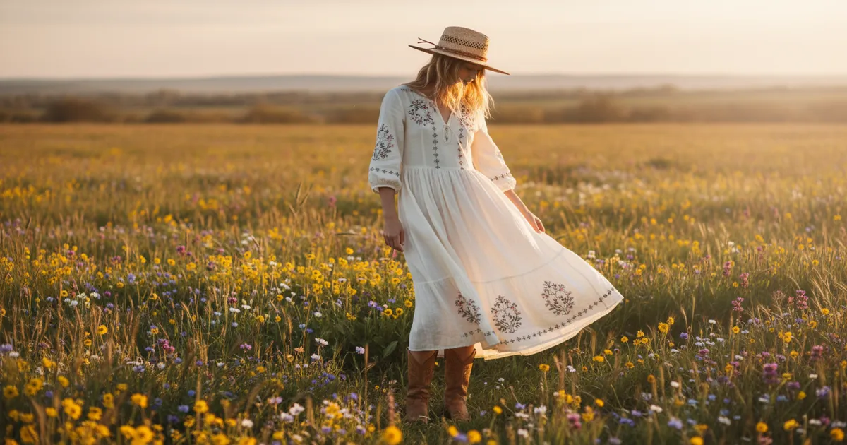 Woman wearing a flowing ivory western linen dress with cowboy boots and straw hat in a sunlit wildflower meadow