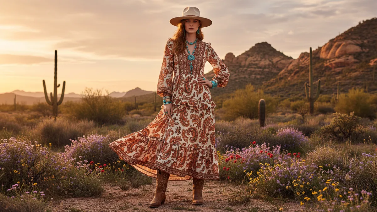 Western maxi dress outfit styled with cowboy boots, turquoise jewelry, and a wide-brim hat in a golden-hour desert setting