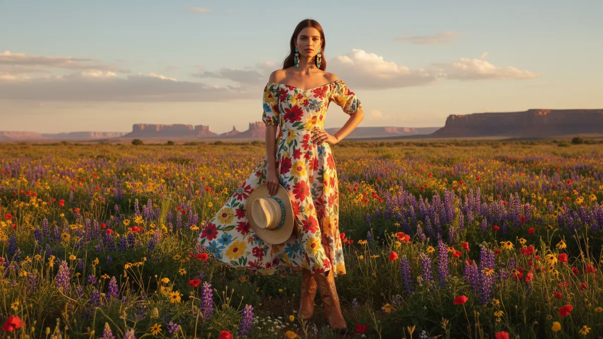 Woman in floral off-shoulder western dress with tan cowboy boots and turquoise earrings in a sunlit meadow