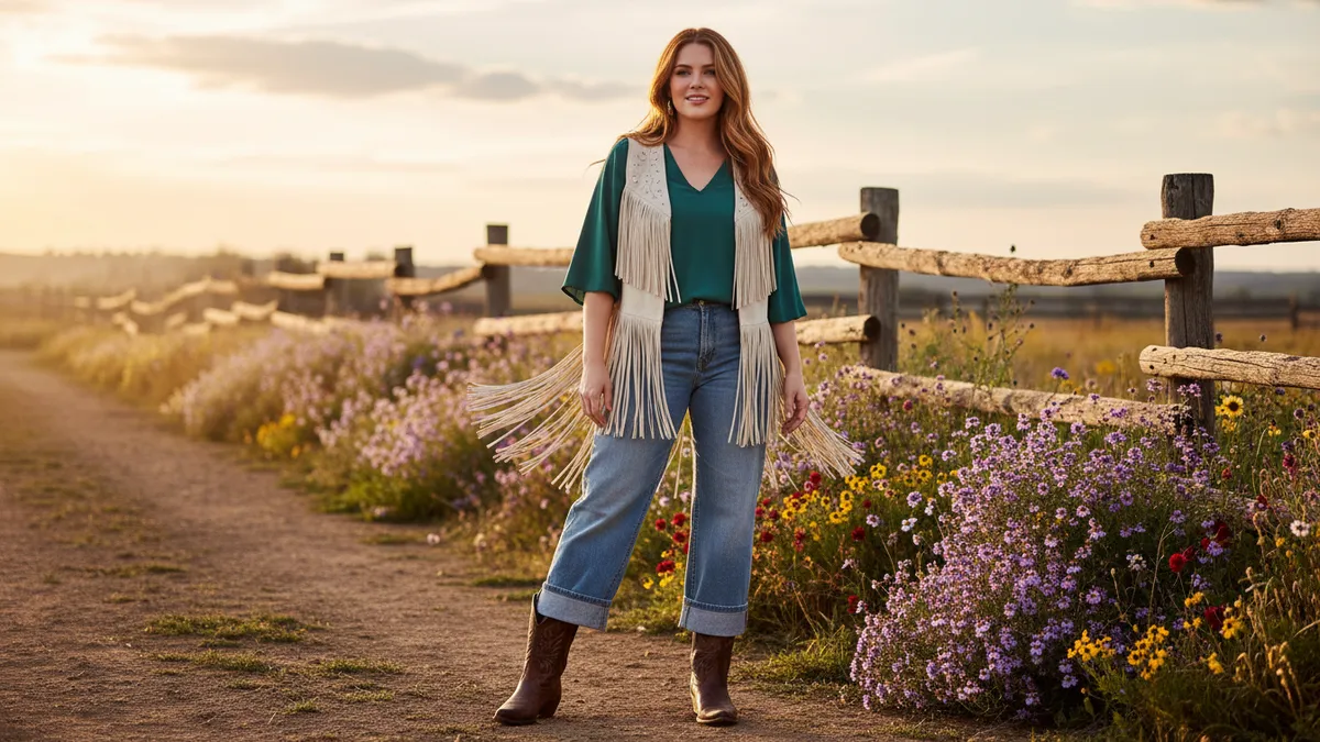 Western outfits for apple body shape featuring fringe vest, wide-leg jeans, and cowboy boots in a ranch setting
