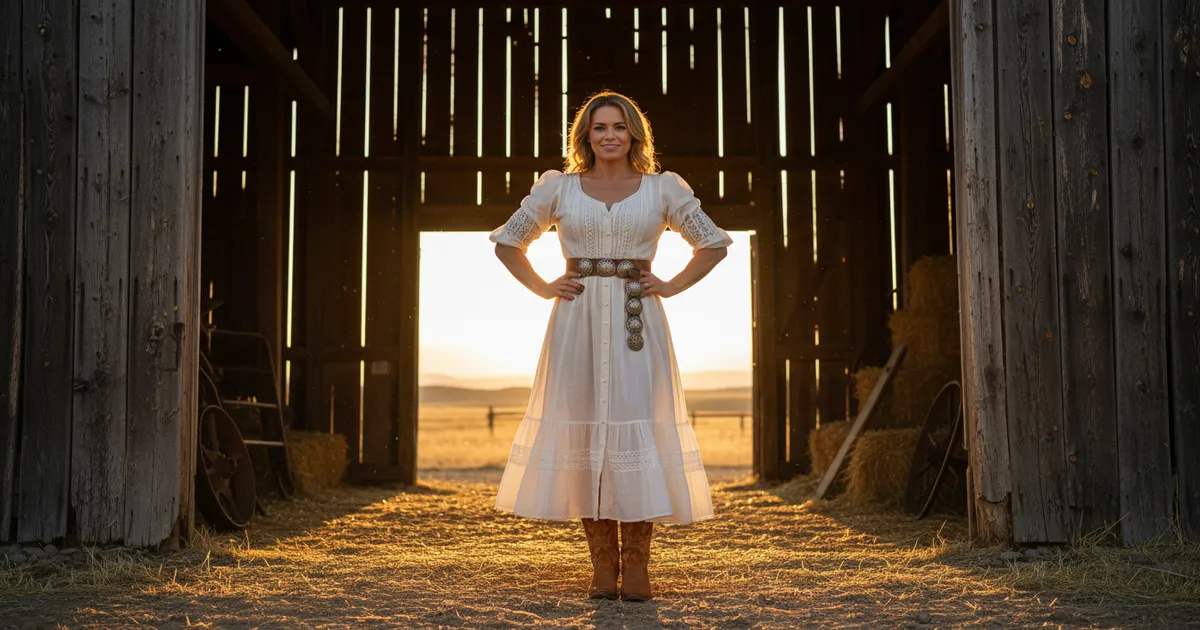 Athletic woman wearing a fit-and-flare western prairie dress with concho belt and cowboy boots