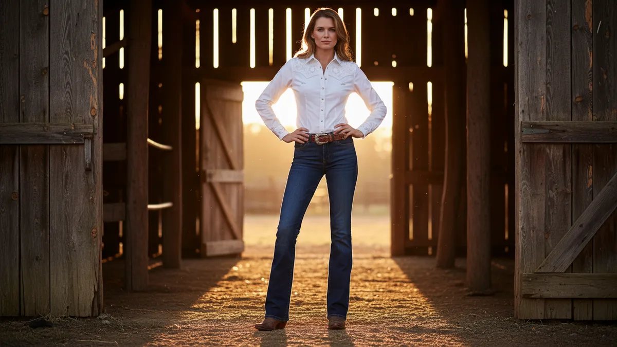 Western outfit for rectangle body shape featuring bootcut jeans, tooled leather belt, pearl snap shirt, and cowboy boots