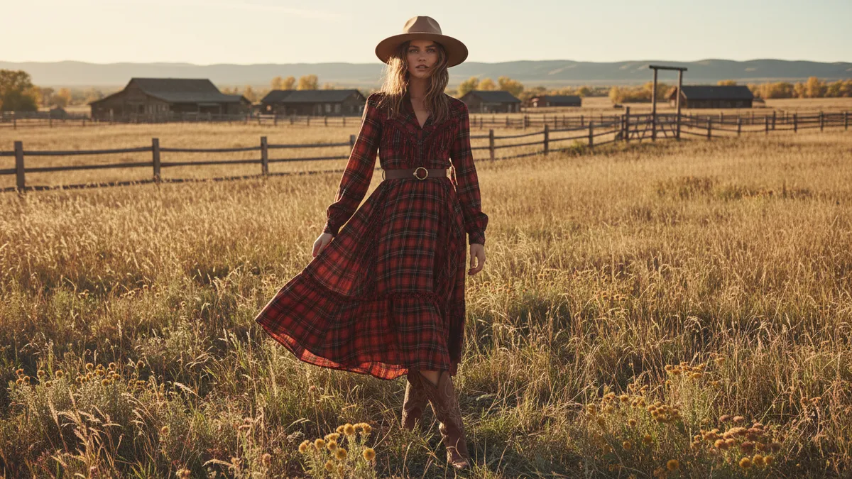 Western plaid dress outfit styled with cowboy boots in an autumn field setting