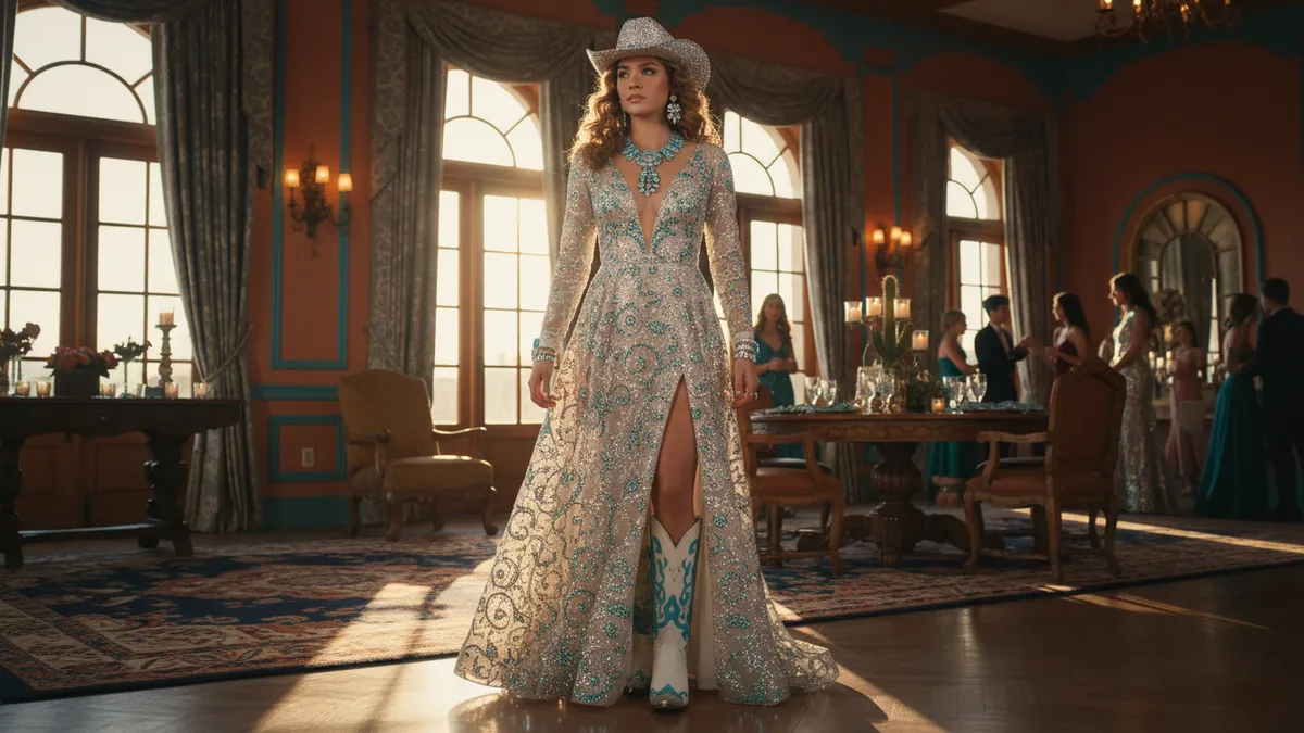 Western prom outfits for women featuring rhinestone cowgirl gown with cowboy boots and turquoise jewelry