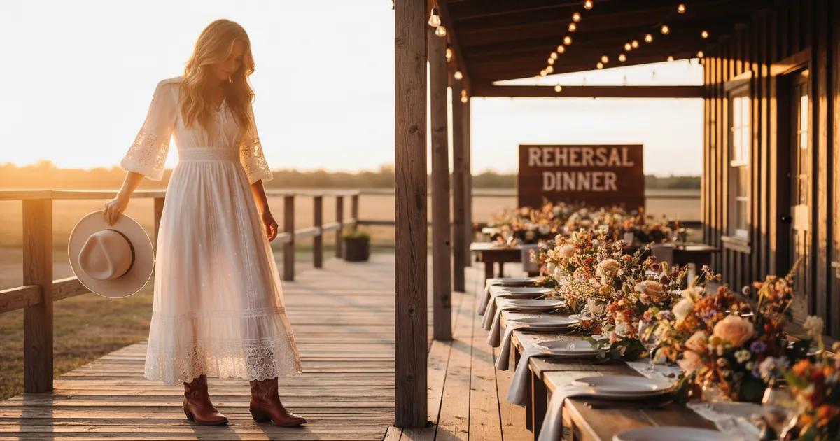 Western rehearsal dinner outfit featuring a white prairie maxi dress with cognac cowboy boots at a rustic ranch venue