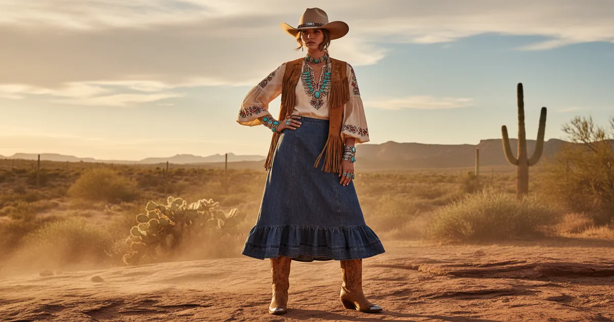Woman wearing a western denim midi skirt with cowboy boots in a southwestern desert setting