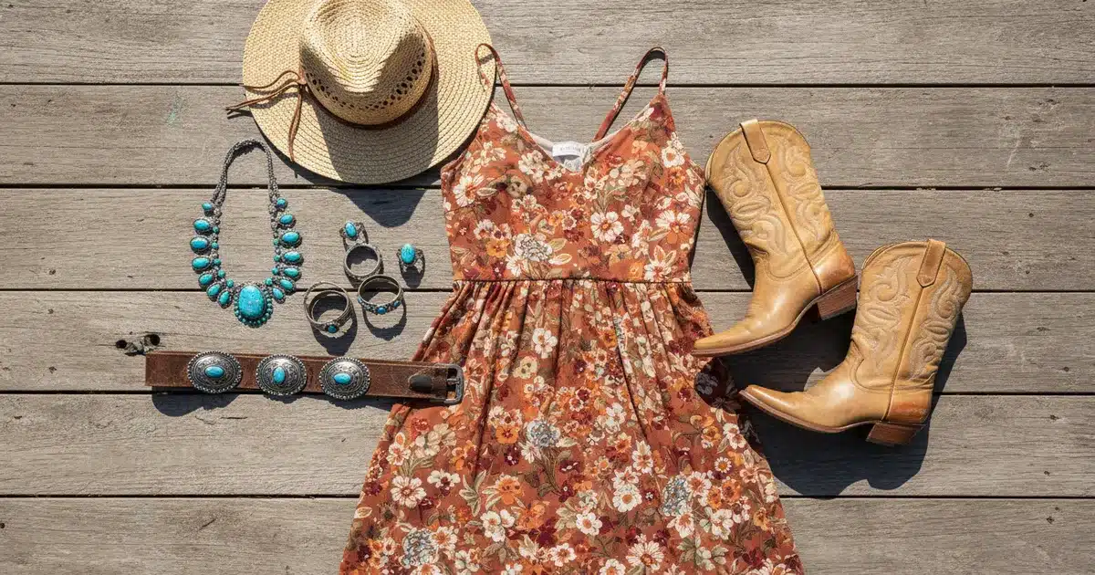 Western sundress outfit flatlay with floral midi dress, tan cowgirl boots, straw hat, turquoise jewelry, and concho belt on rustic wood surface