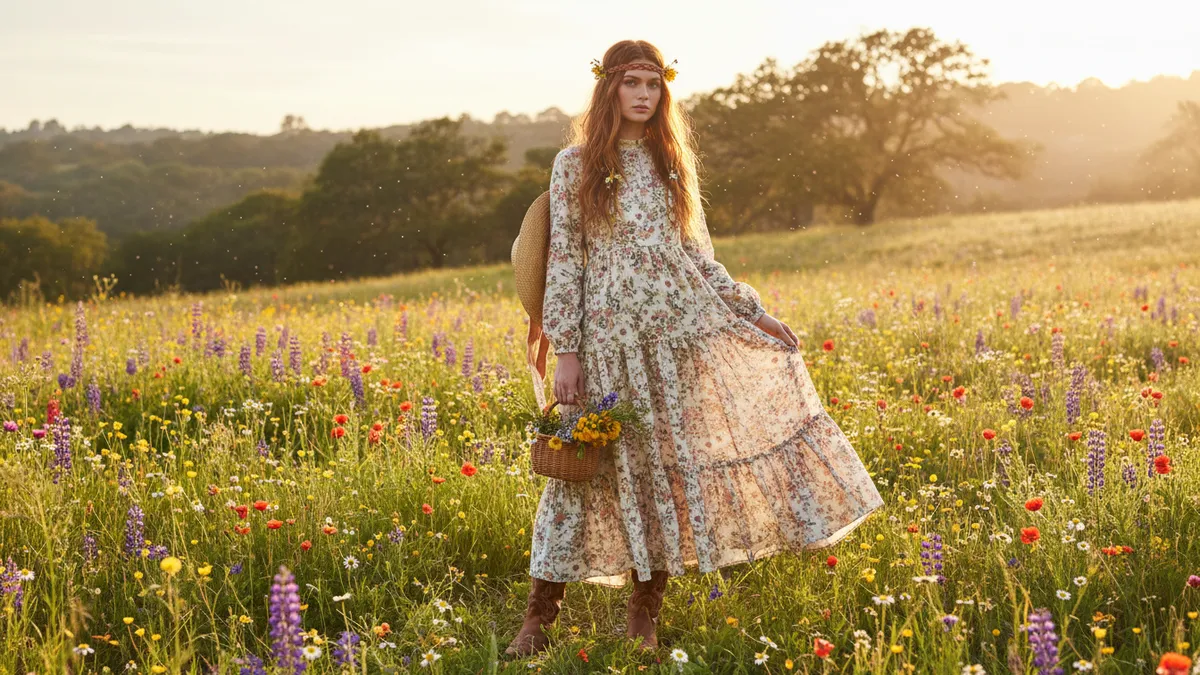 Woman wearing a western tiered prairie maxi dress with cowboy boots in a wildflower meadow