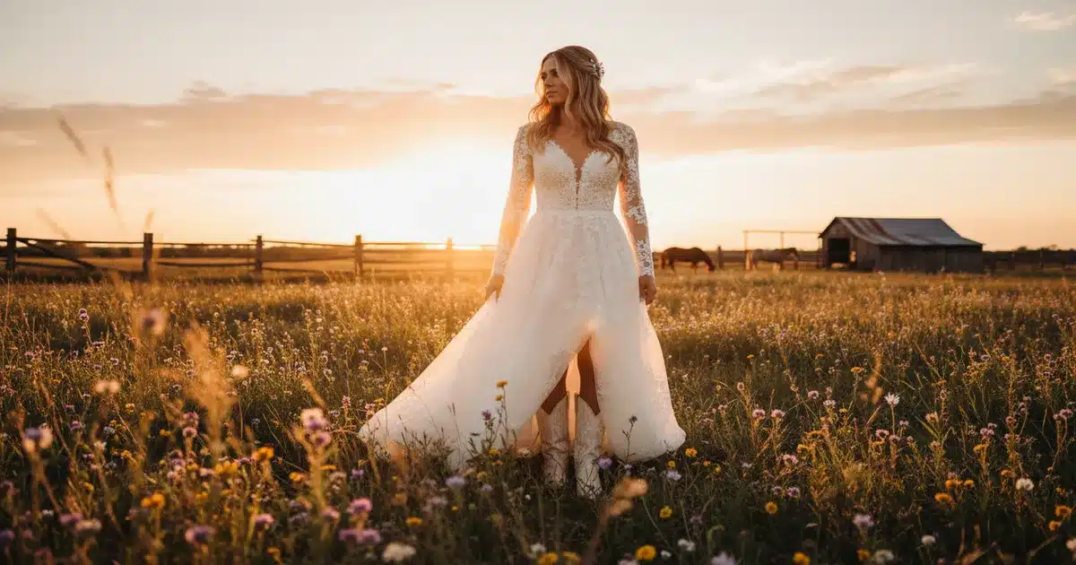 Western wedding dress styles for cowgirl brides featuring lace A-line gown with cowboy boots at a ranch wedding