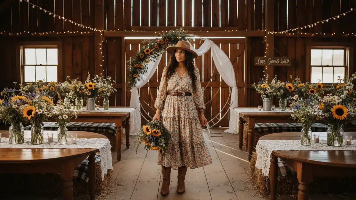 Western wedding guest outfit with tiered floral midi dress and tan cowboy boots in rustic barn venue