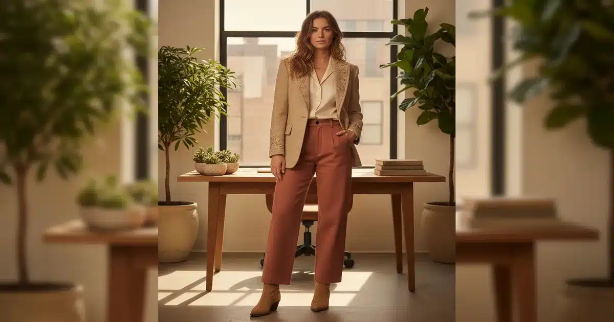 Woman wearing western work outfit with embroidered blazer and cowboy boots in professional office setting
