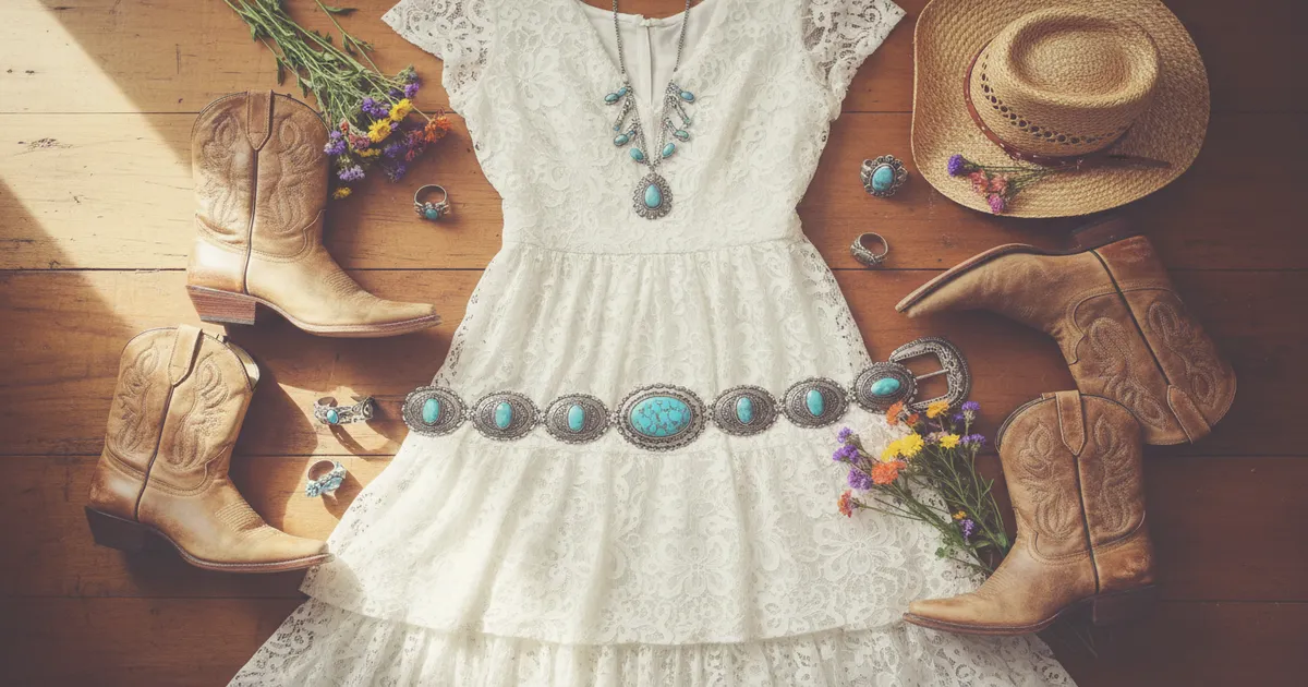 White western dress outfit styled with cowboy boots, turquoise concho belt, silver jewelry, and straw cowboy hat on rustic wood
