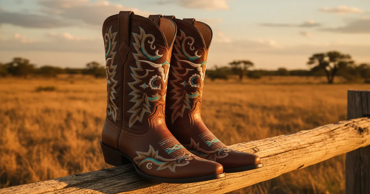 Wide calf cowboy boots for women in brown leather with western embroidery on a rustic fence