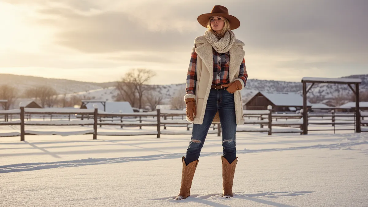 Woman wearing a winter western outfit with shearling vest, flannel shirt, cowboy boots, and felt hat on a snowy ranch