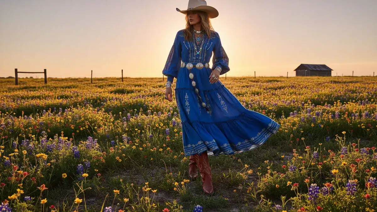 Blue western dress outfit styled with cowboy boots in a sunlit Texas field