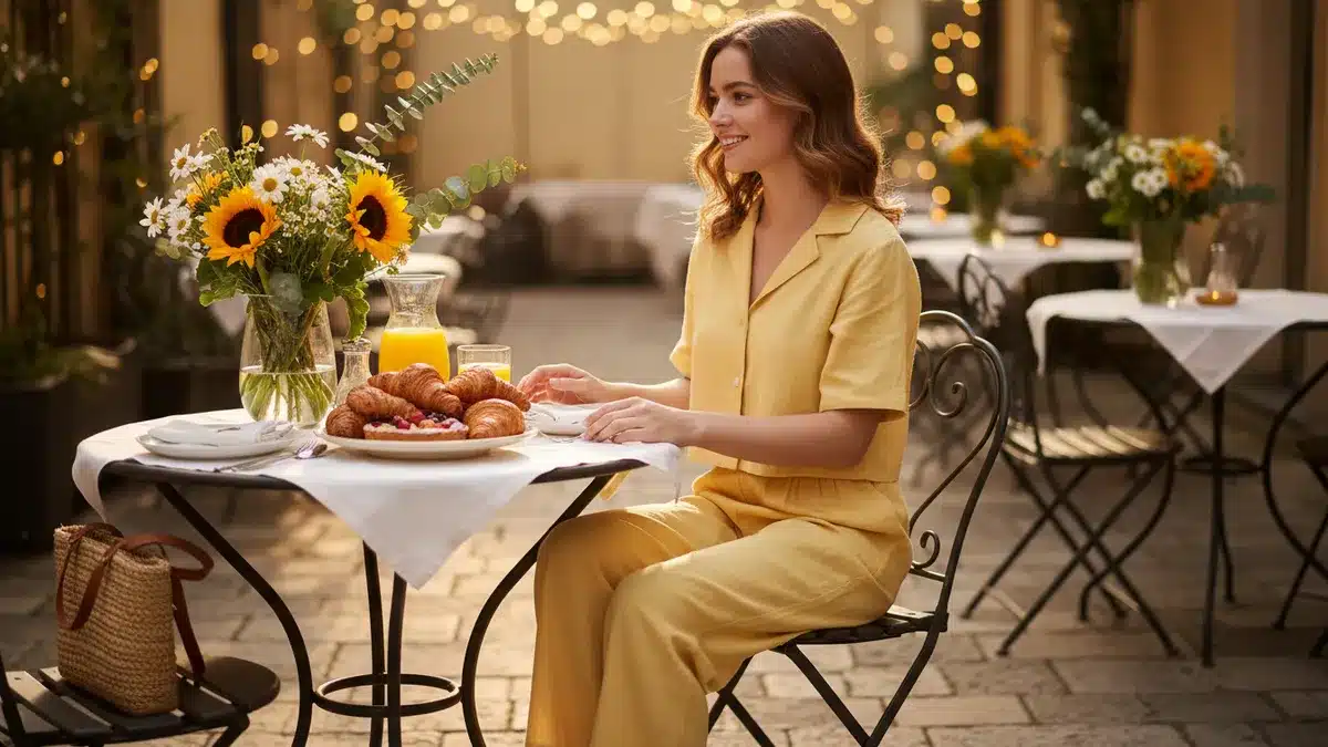 Woman in a yellow outfit sits at an outdoor cafe table with croissants, juice, and flowers, warm string lights in the background.