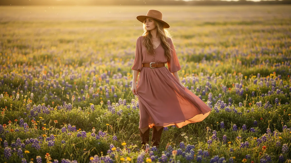 Woman in a dusty-pink dress and wide-brim hat walks through a sunlit field of purple and yellow wildflowers at golden hour.