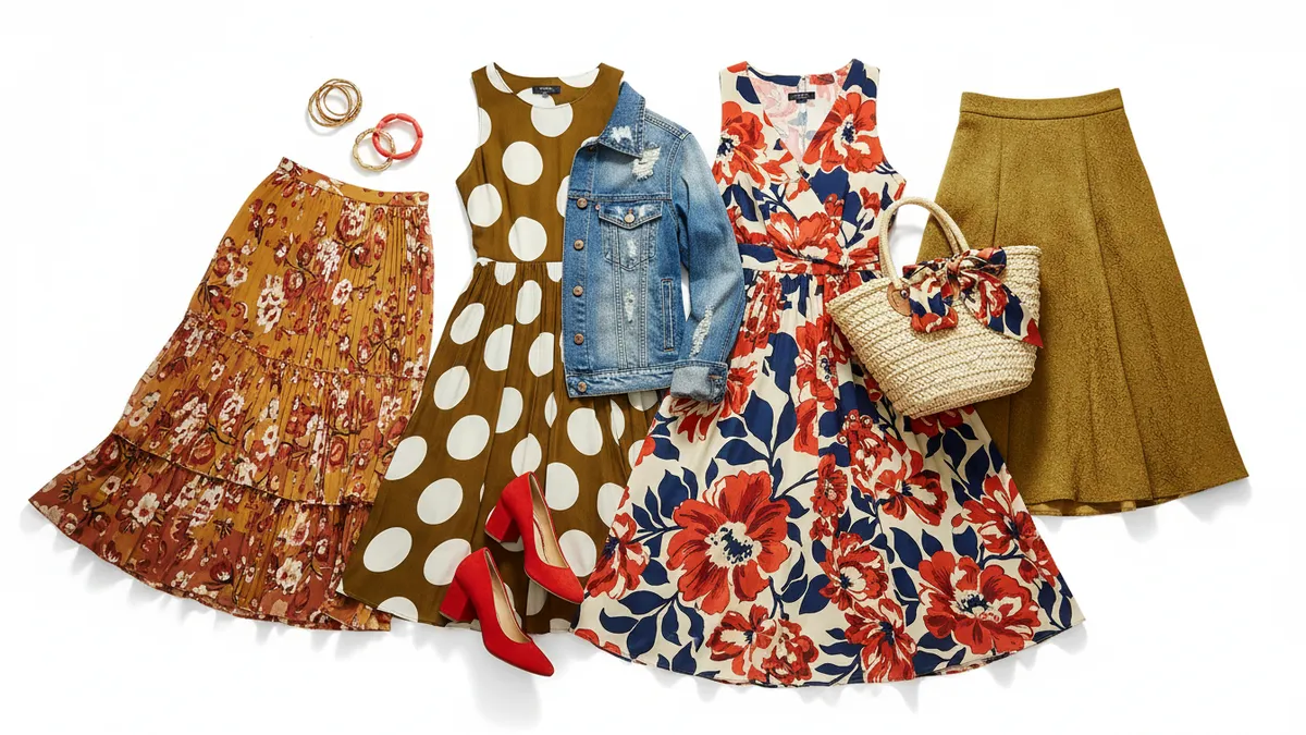 Christopher John Rogers x Old Navy 2026 collection featuring bold polka dot and floral print dresses and denim in golden olive and reddish orange