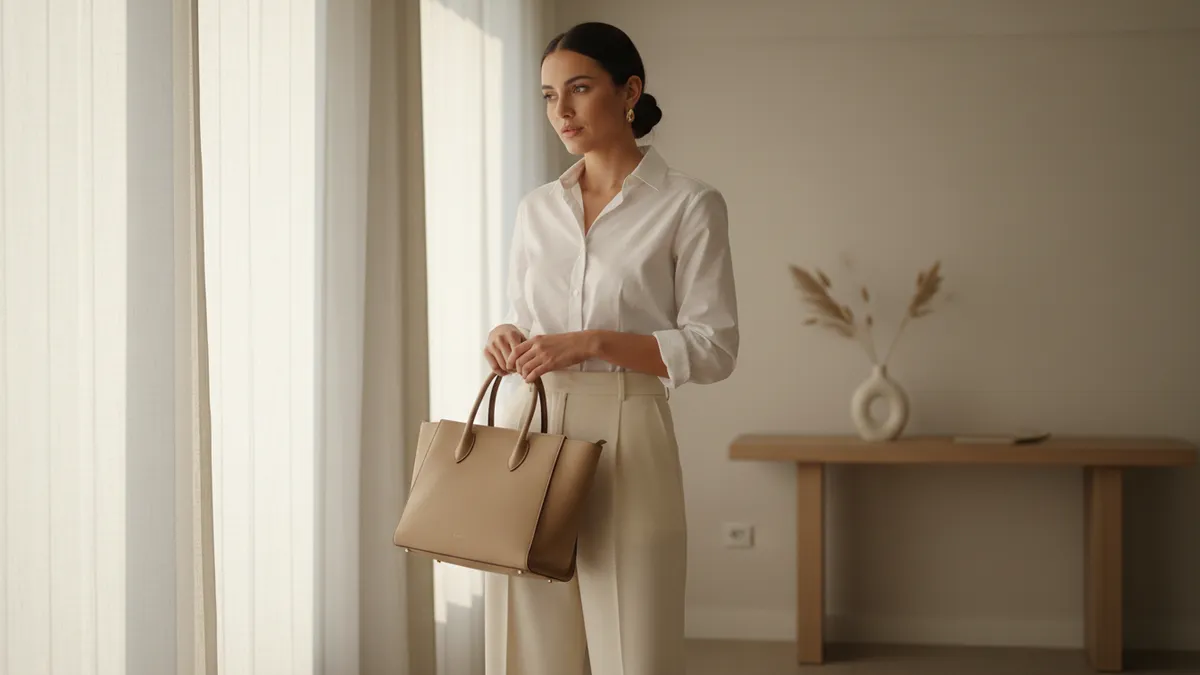 Woman in a white blouse and beige trousers holding a tan handbag by a sunlit window.