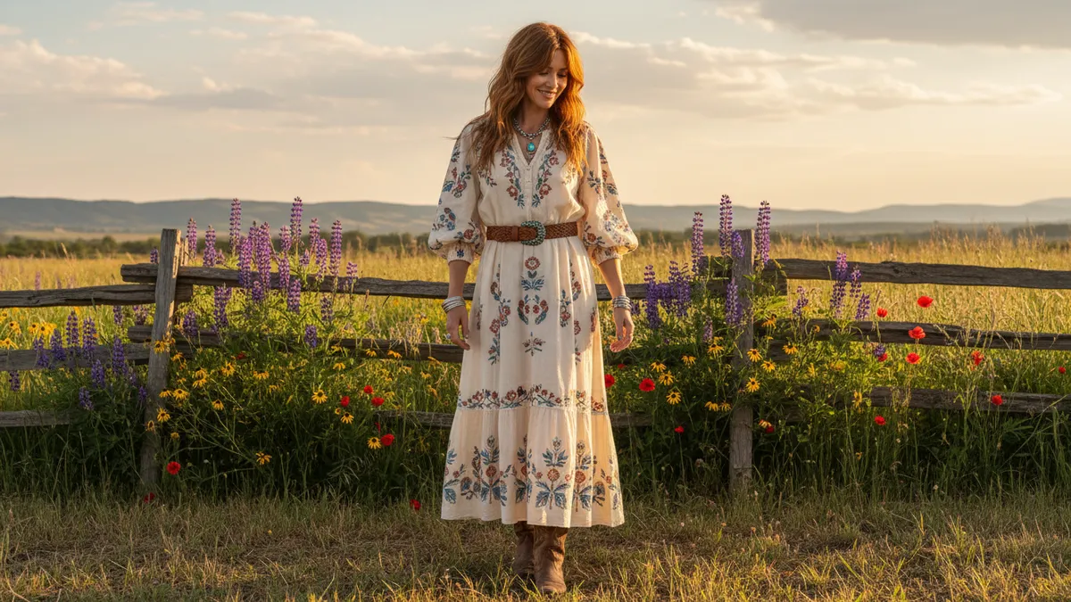 Woman wearing a comfortable western dress in outdoor setting
