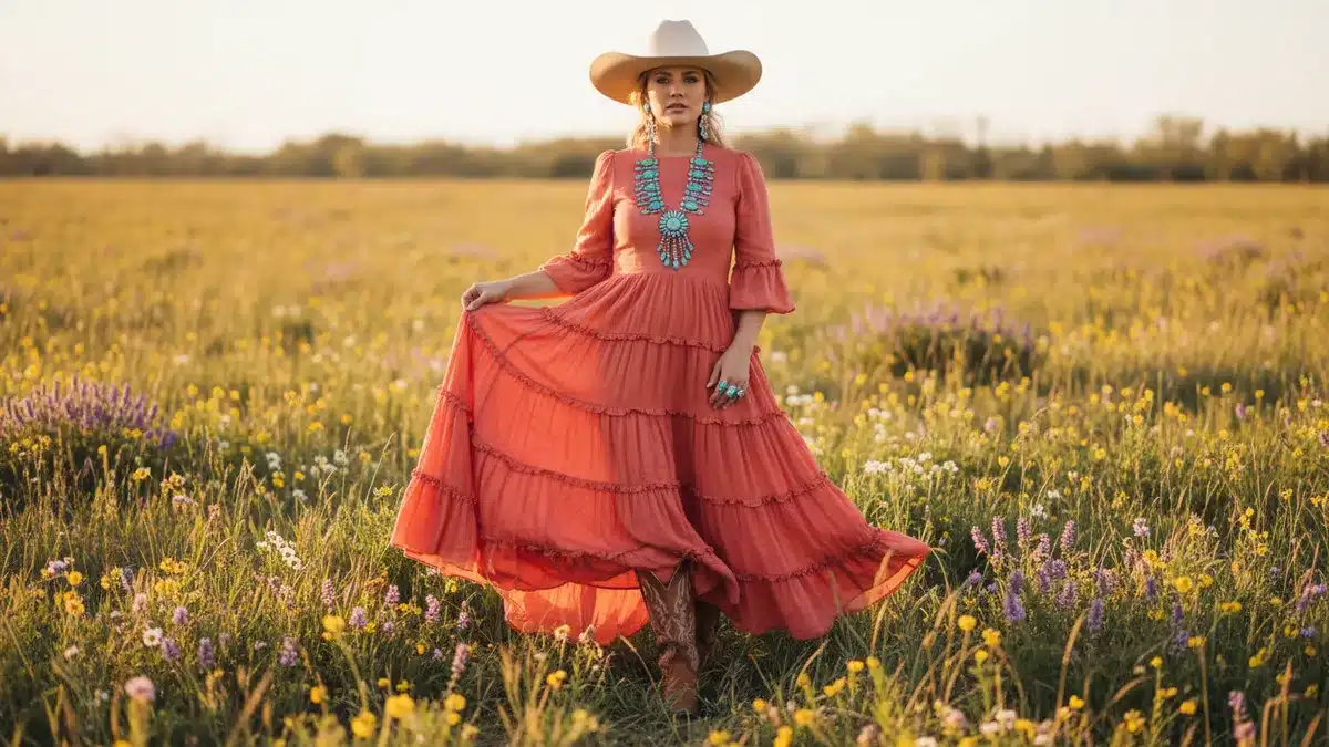 Woman wearing a coral western dress with cowboy boots and a cream hat in a sunny spring meadow