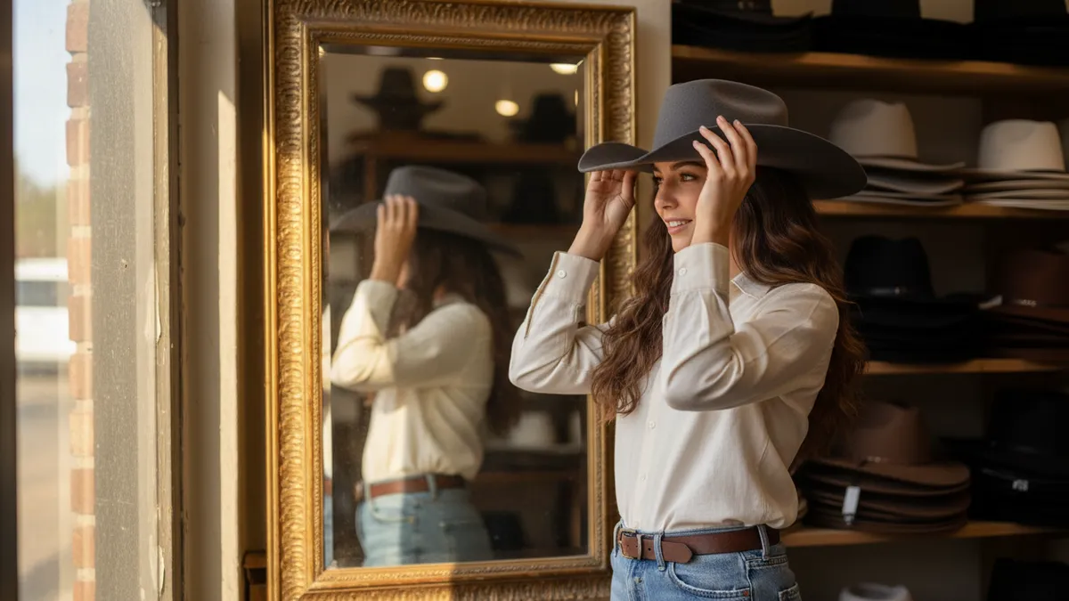 Woman in a white shirt and jeans tries on a gray wide-brimmed hat in a hat shop, seen in a gold-framed mirror.