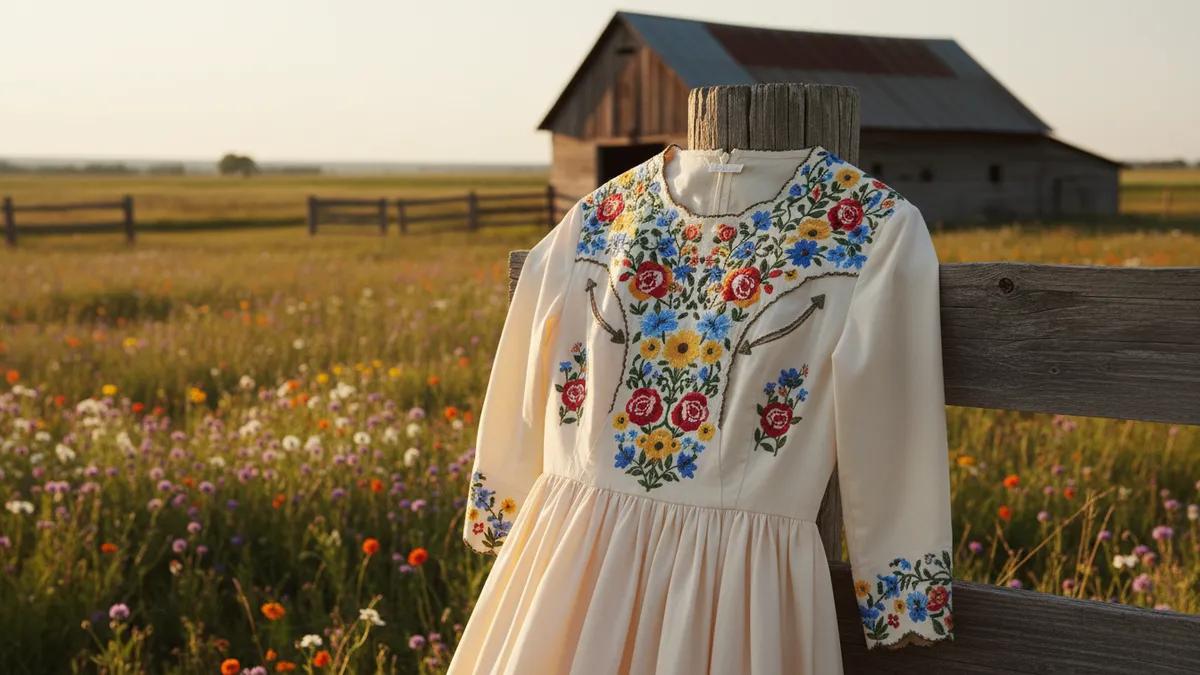 Cream embroidered western dress with colorful floral stitching draped on a rustic ranch fence at golden hour
