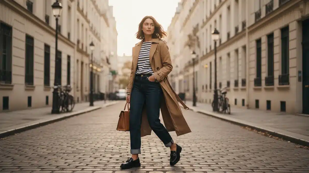 Woman in a tan trench coat over a striped shirt and jeans walks down a cobblestone city street carrying a brown handbag.