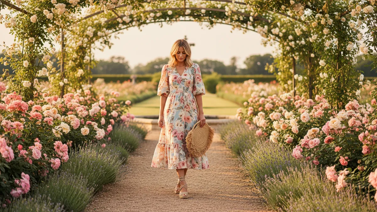 Woman in a flowy floral midi dress walking through a blooming garden at golden hour carrying a straw clutch